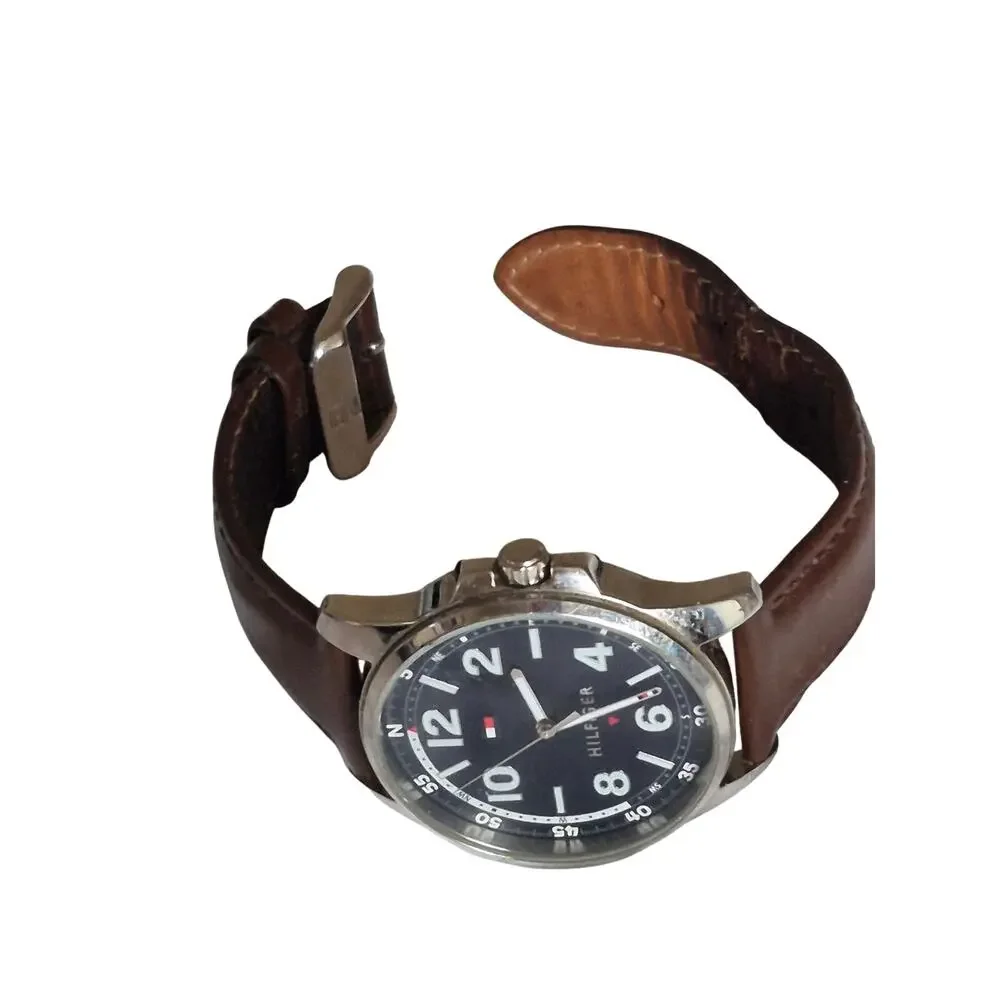 Tommy Hilfiger Men's Watch Large Dial Stainless Steel‎ Case Brown Leather Strap